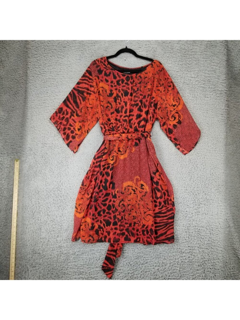 Dana Kay Dress Womens 12 Red Black 3/4 Sleeve Knee Length Tie Back